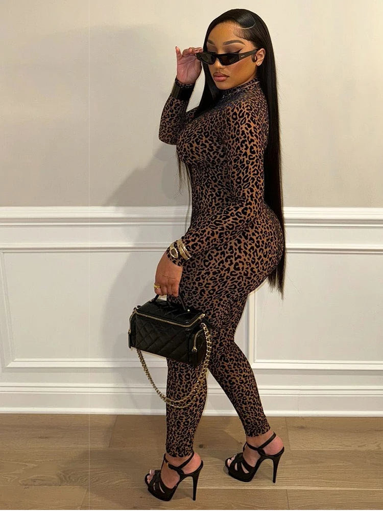 See Through Sexy Leopard Mesh Jumpsuit