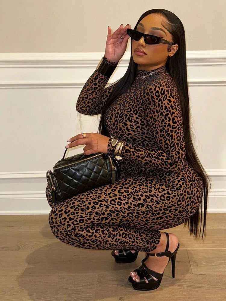 See Through Sexy Leopard Mesh Jumpsuit