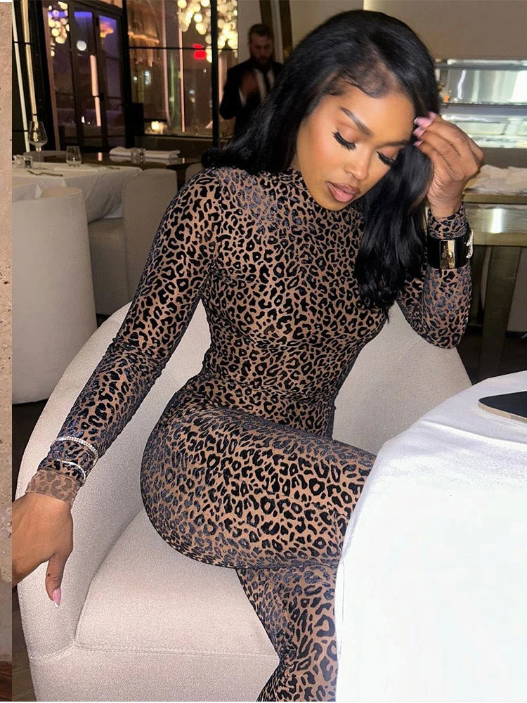 See Through Sexy Leopard Mesh Jumpsuit