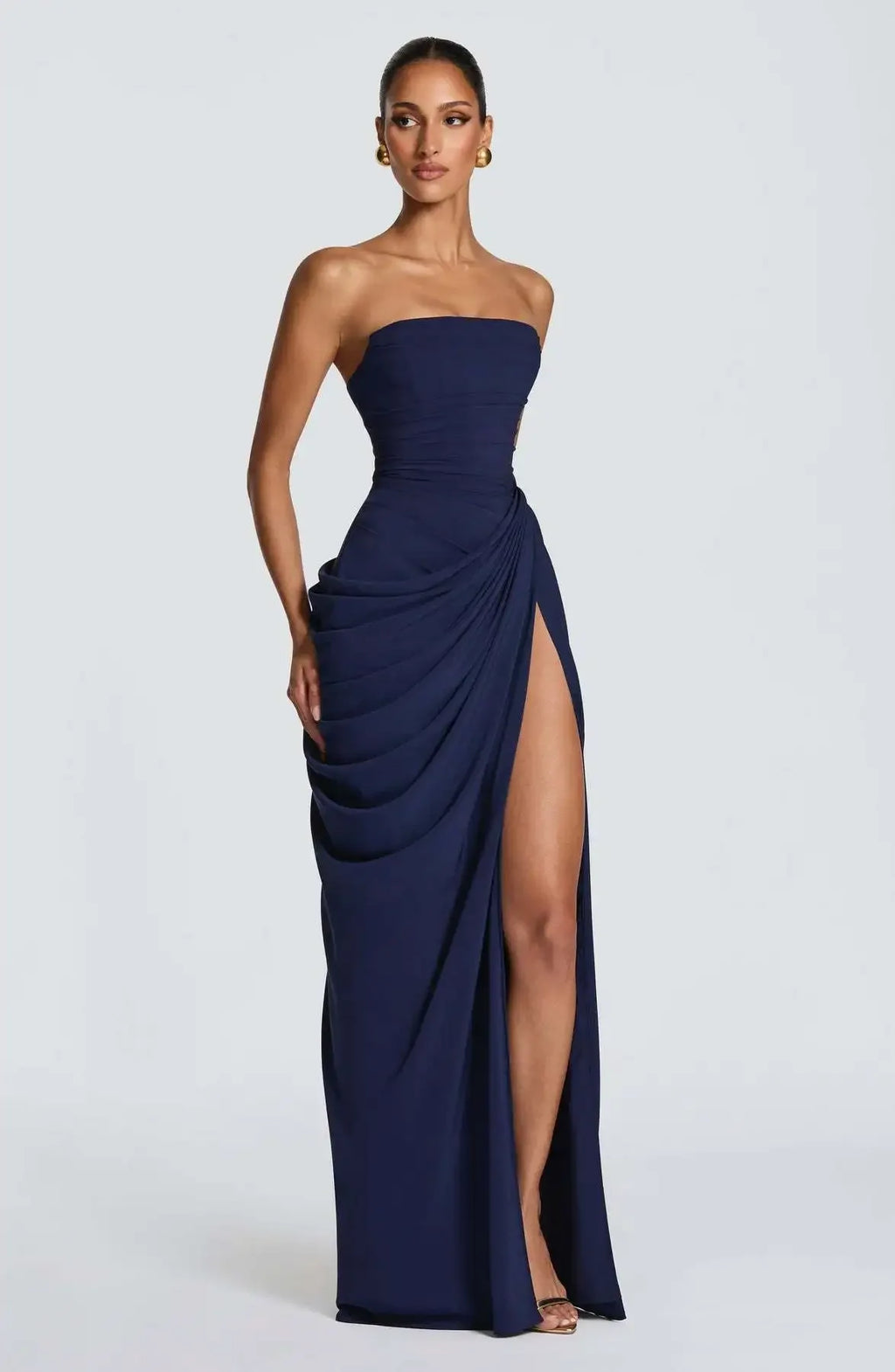 Solid Pleated Strapless High Waist Split Maxi Dresse