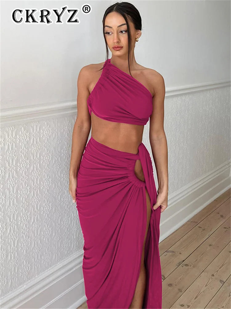 2 Piece Spit Crop Top Side Slit Skirt