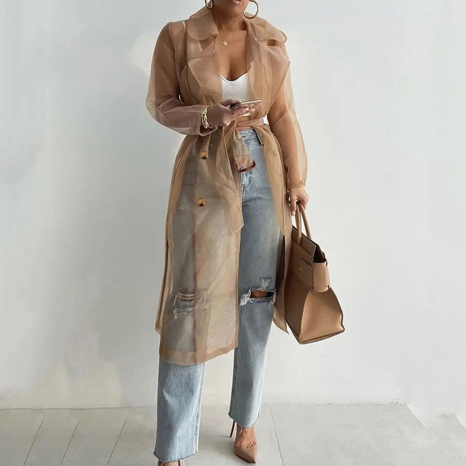See Though Trench Coat With Belted