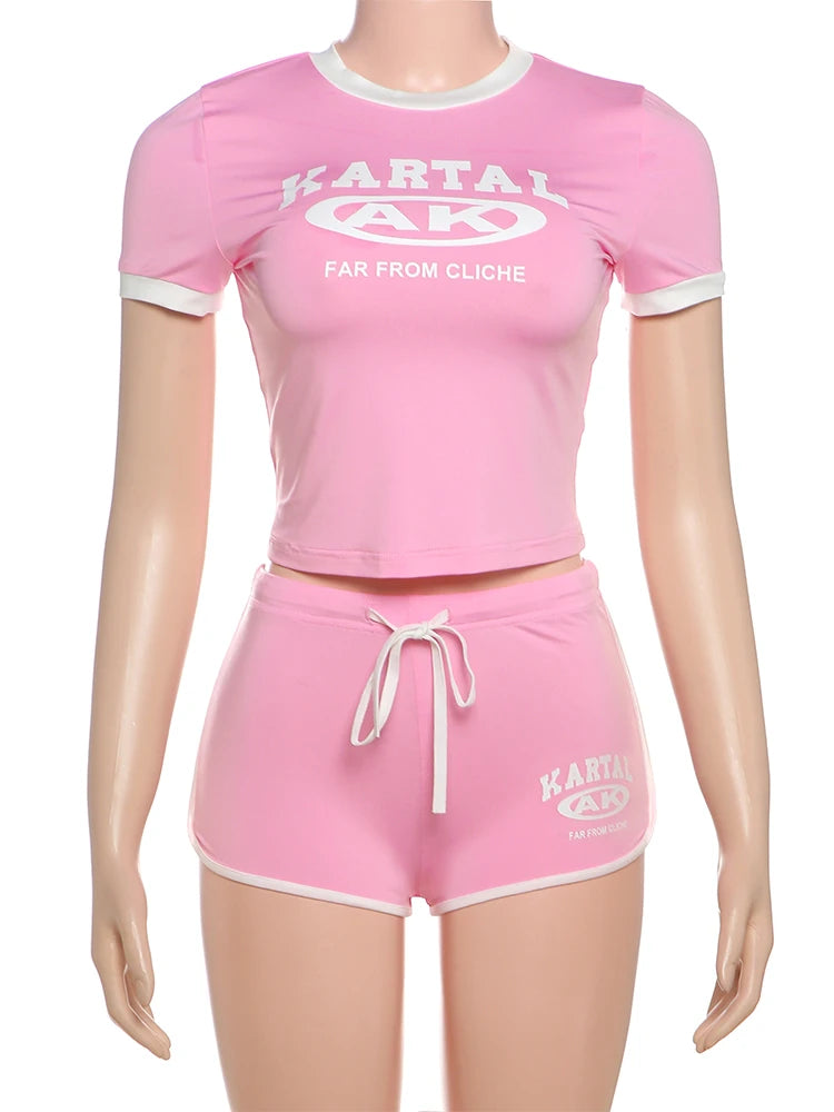 2 piece Set Shorts Sleeve Crop Tops With Biker Shorts