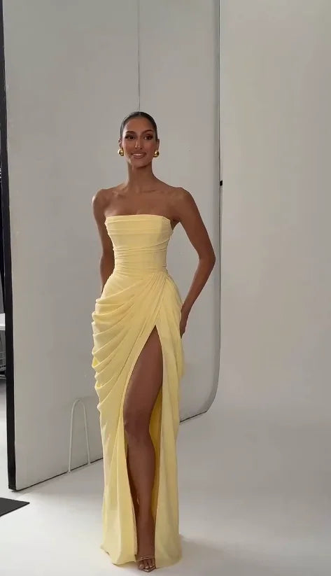 Solid Pleated Strapless High Waist Split Maxi Dresse