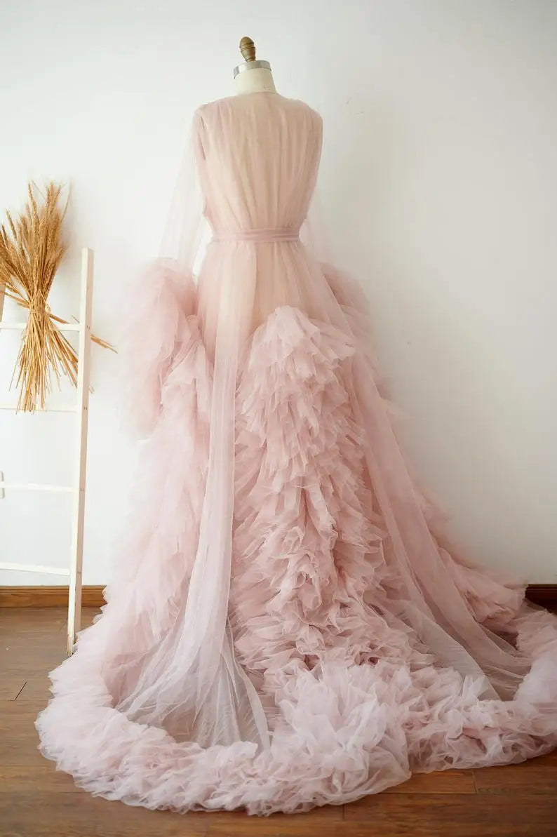 Sheer Long Tulle Robe Puffy Nightgown