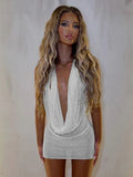 Stacked V Neck Sleeveless Backless Knit Beach Mini Dress