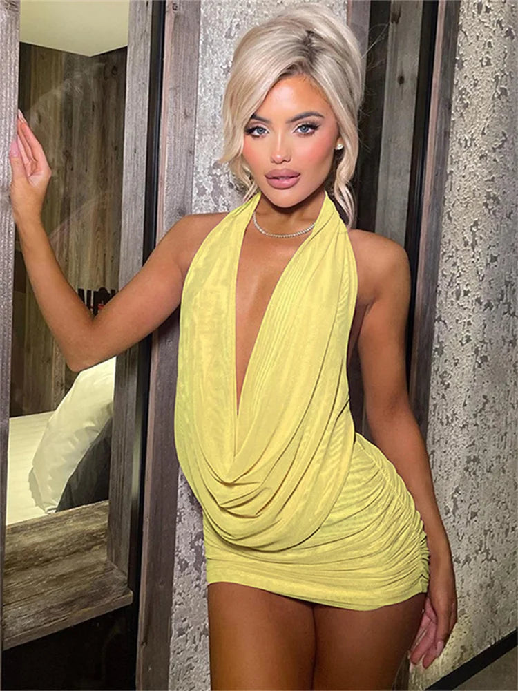 Halter Backless Chic Tops+Shirring Skirt
